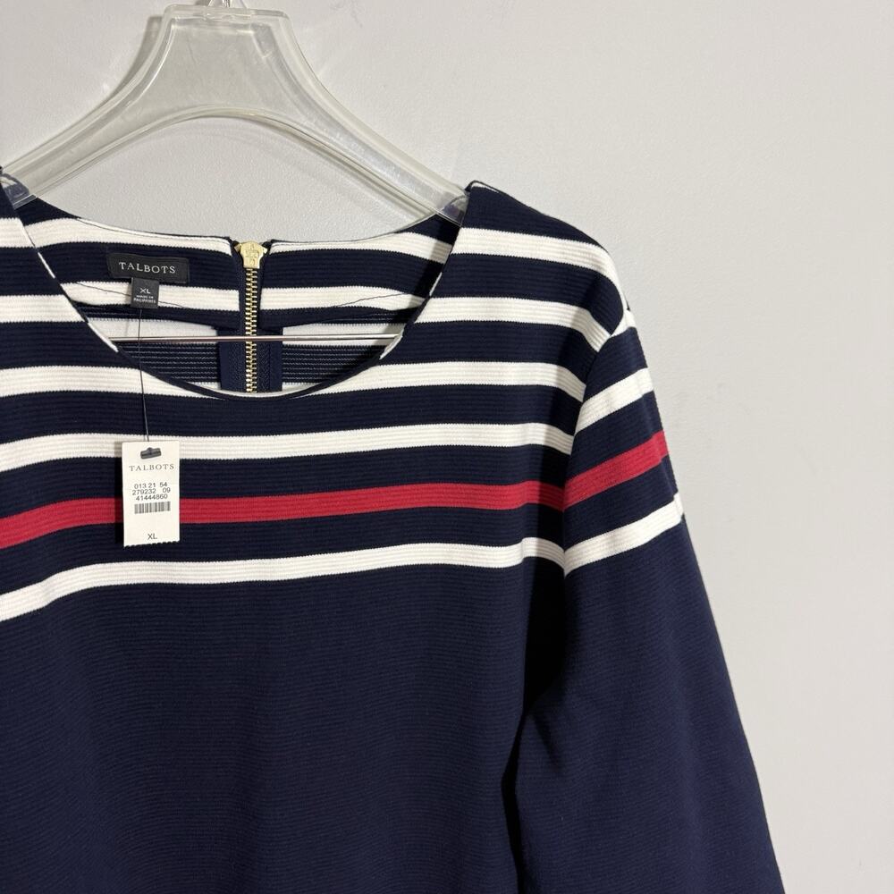 Talbots Navy Blue White Stripe Ballet Neck 3/4 Sleeves Top XL Coastal New - Picture 2 of 5